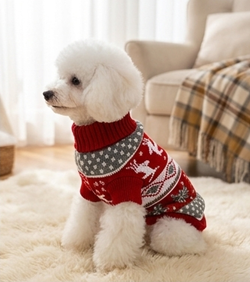 Red Nordic sweater on a white poodle